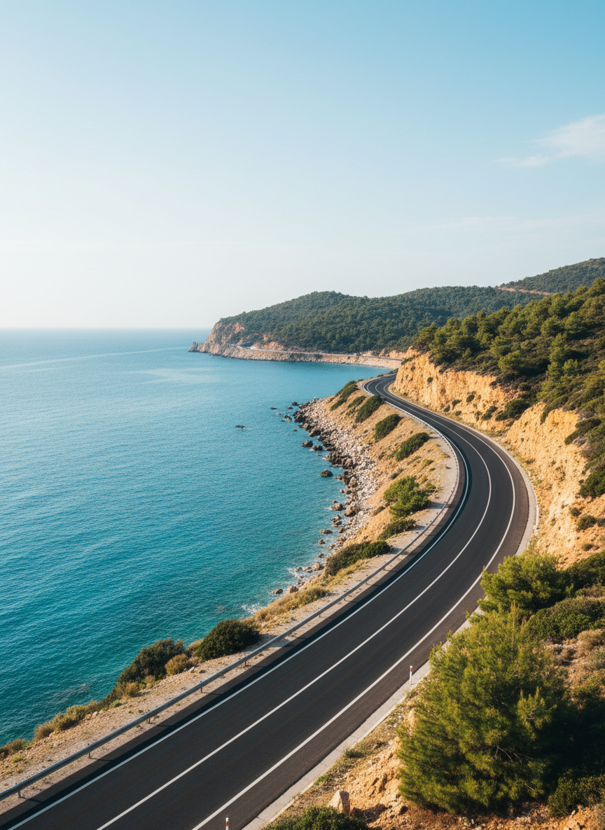 A panoramic coastal highway in Türkiye winding gracefully along a turquoise Aegean shoreline, the asphalt smooth and dark with crisp white lane markings, bordered by rugged golden cliffs scattered with low pine vegetation. The sea shimmers in layered blues under clear, diffused late-afternoon sunlight, with gentle highlights glittering on the water’s surface. Shot from a slightly elevated angle, the road leads the eye into the distance using rule-of-thirds composition, creating a sense of journey and anticipation. The sky is clean and pale, with minimal clouds, giving a modern, sophisticated photographic realism that feels calm, aspirational, and perfect for showcasing scenic driving routes.