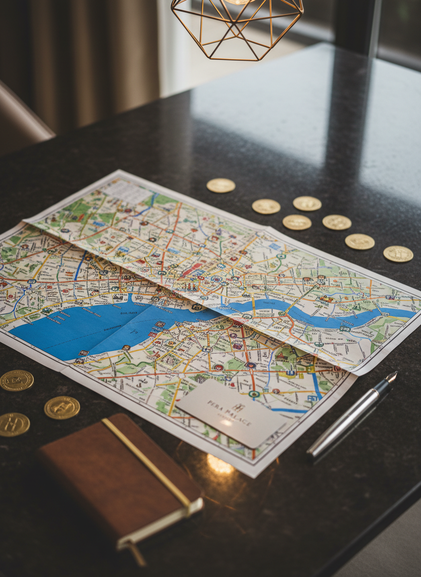 An elegant city guide concept centered on a detailed, unfolded street map of Istanbul placed on a dark stone tabletop, its colorful districts and Bosphorus shoreline crisply printed. Around the map, neatly arranged metro tokens, a slim silver keycard from a boutique hotel, and a small, high-end notebook with pressed edges create a curated scene. Ambient indoor lighting from an overhead pendant casts soft, even illumination, with subtle reflections on the stone. Shot at a slightly oblique angle with shallow depth of field, keeping the map in tack-sharp focus and blurring the edges, the photographic style feels refined, organized, and ideal for navigating urban travel routes.